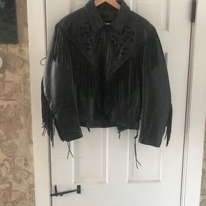 Women’s fringed, black leather jacket
